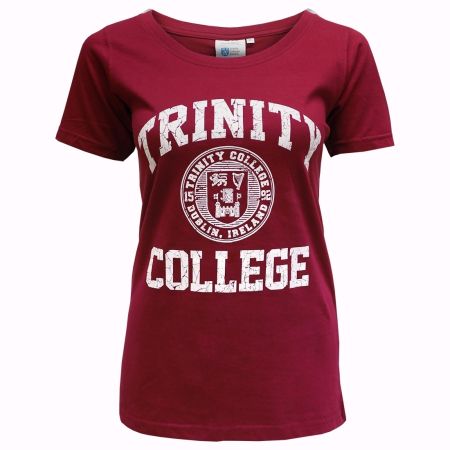 Trinity College Dublin Crest Ladies T-Shirt Burgundy & White